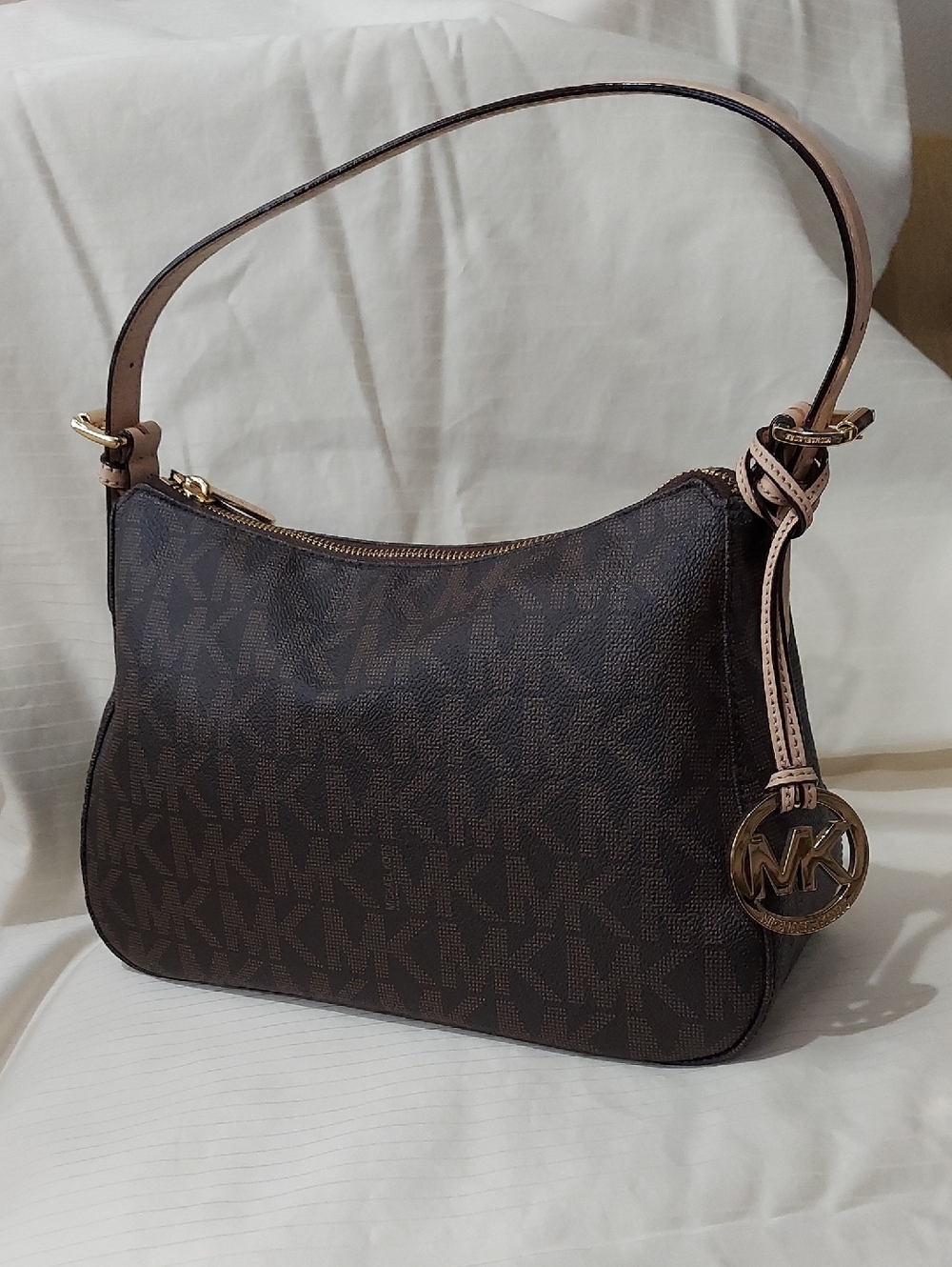 Michael Kors Brown Logo Hobo Shoulder Bag with Gold MK Charm